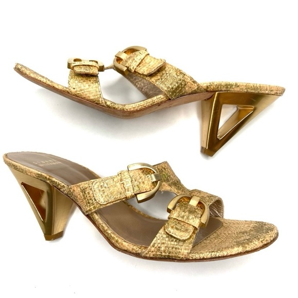 Vintage STUART WEITZMAN Raffia and Gold Metal Heeled Sandals - Picture 7 of 16
